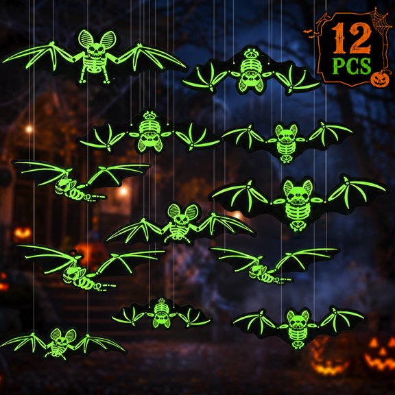 Halloween Decorations Bat 12PCS Large Glowing Skeleton Bats for Halloween Outdoor Tree Porch Yard Lawn Indoor Decor
