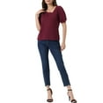 thumbnail image 2 of INSPIRE CHIC Women's Asymmetrical V Neck Loose Fit Casual Puff Short Sleeve Blouse L Burgundy, 2 of 6