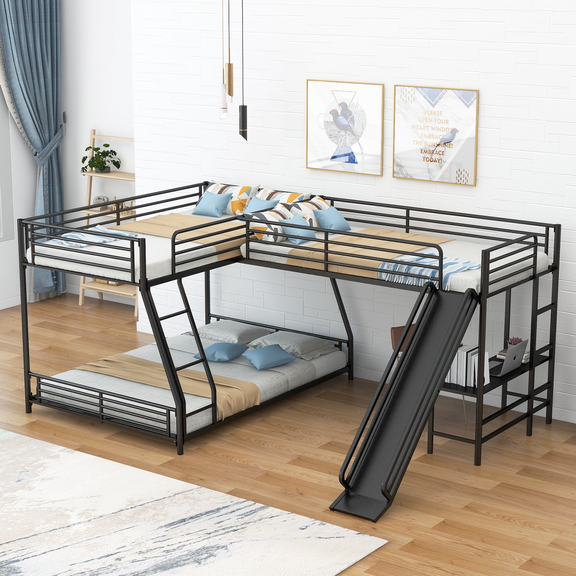 Euroco Metal L-Shaped Twin over Full Bunk and Twin Loft Bed with Desk and Slide for Kids Teens Adults, 3 Beds in 1, Black