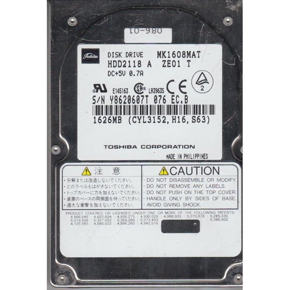 MK1608MAT, A0/G1.03B, HDD2118 A ZE01 T, Toshiba 1.6GB IDE 2.5 Hard Drive