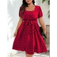 thumbnail image 3 of Women'S Plus Size Elegant Retro Polka Dot Waist Tie Square Neck Swing Dress Red XL, 3 of 7