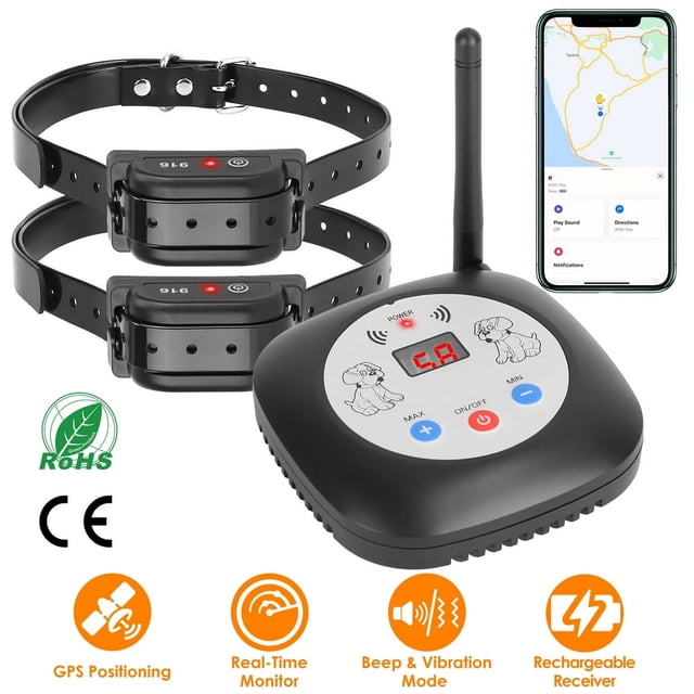 JUNWELL 328FT Electric Wireless Dog Fence System GPS Dog Tracker with GPS Location Monitor Range Adjustable Rechargeable Beep Vibration for Small Medium Large Dogs 1 Transmitter 2 Receiv