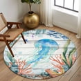 thumbnail image 2 of Round Area Rug 6 Ft, Jellyfish Coastal Washable Non-Slip Circle Carpet for Living Room/Bedroom, Summer Nautical Starfish Coral Grey Wooden Low-Profile Indoor Mats Collection Rugs for Residential, 2 of 8