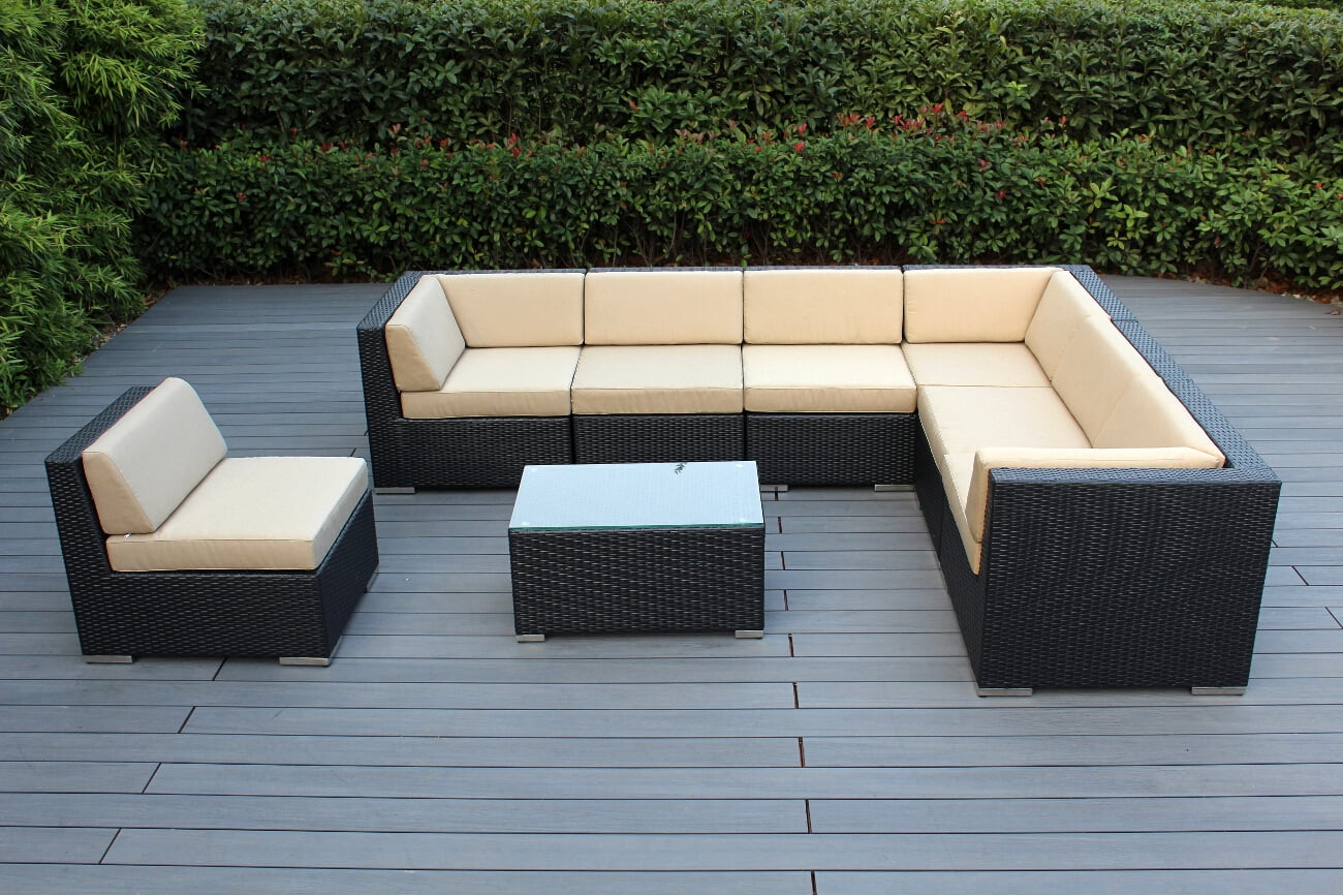 Ohana 8 Piece Outdoor Wicker Patio Furniture Sectional Conversation Set - Black Wicker