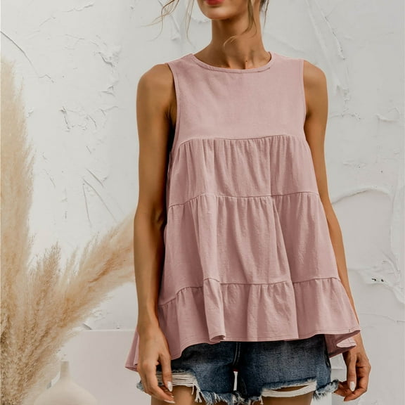 Idoravan Women's Plus Size Tops Womens Round Neck Sleeveless Multi-Section Splice Loose Casual Large Swing Tank Top