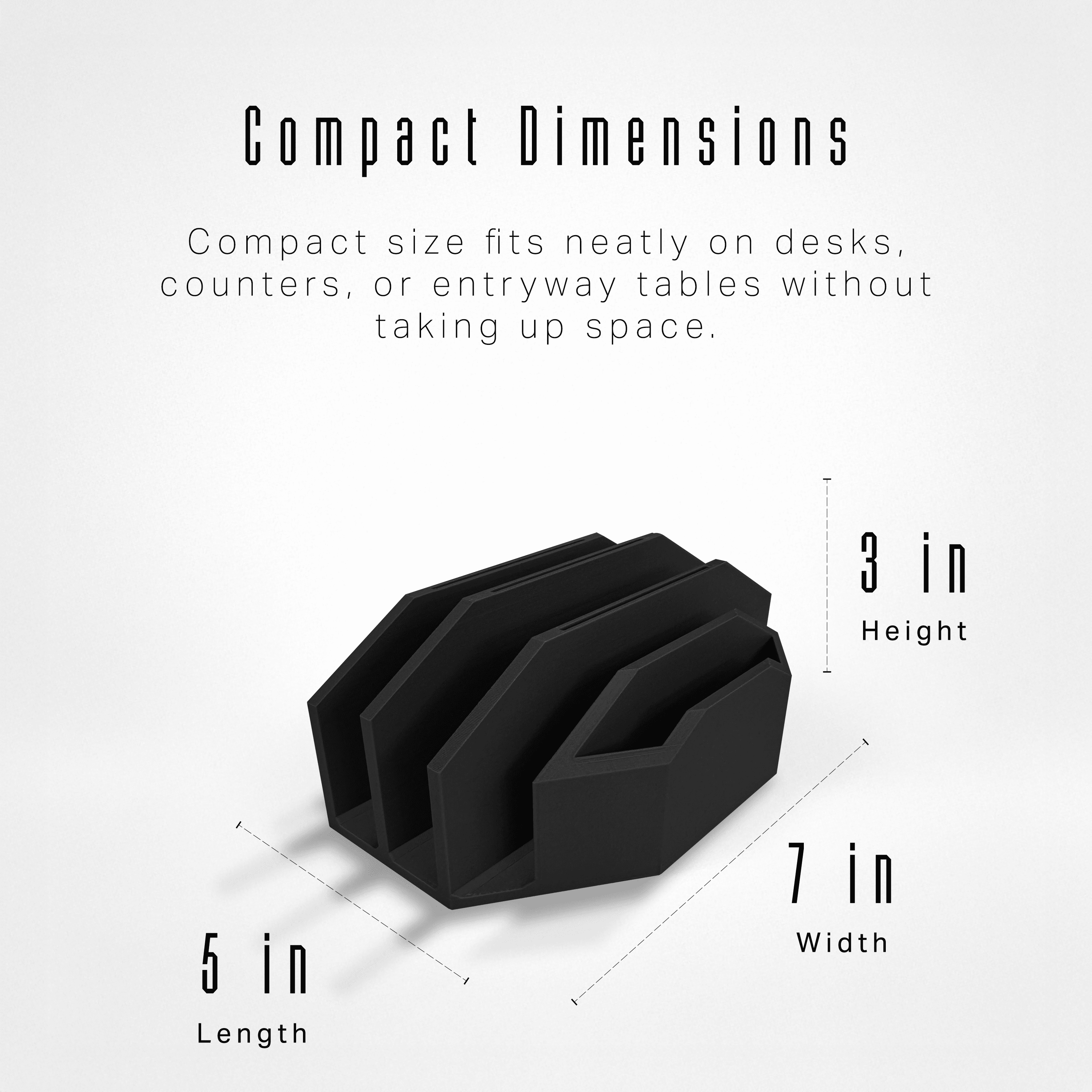 Modern Minimalist Mail Organizer (Black) – Compact Desk Mail Holder with Tabs & Small Storage– 3D Printed in Multiple Colors