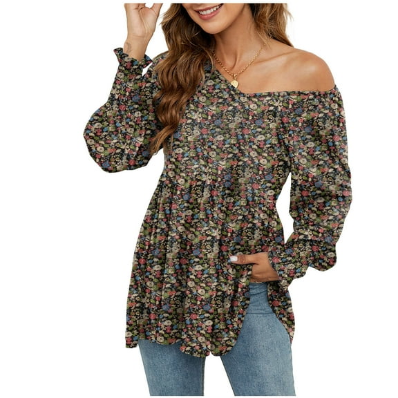 Giftesty Womens Plus Size Clearance Women's Casual Long Sleeve V-Neck Printing Puff Long Sleeve Tunic Top