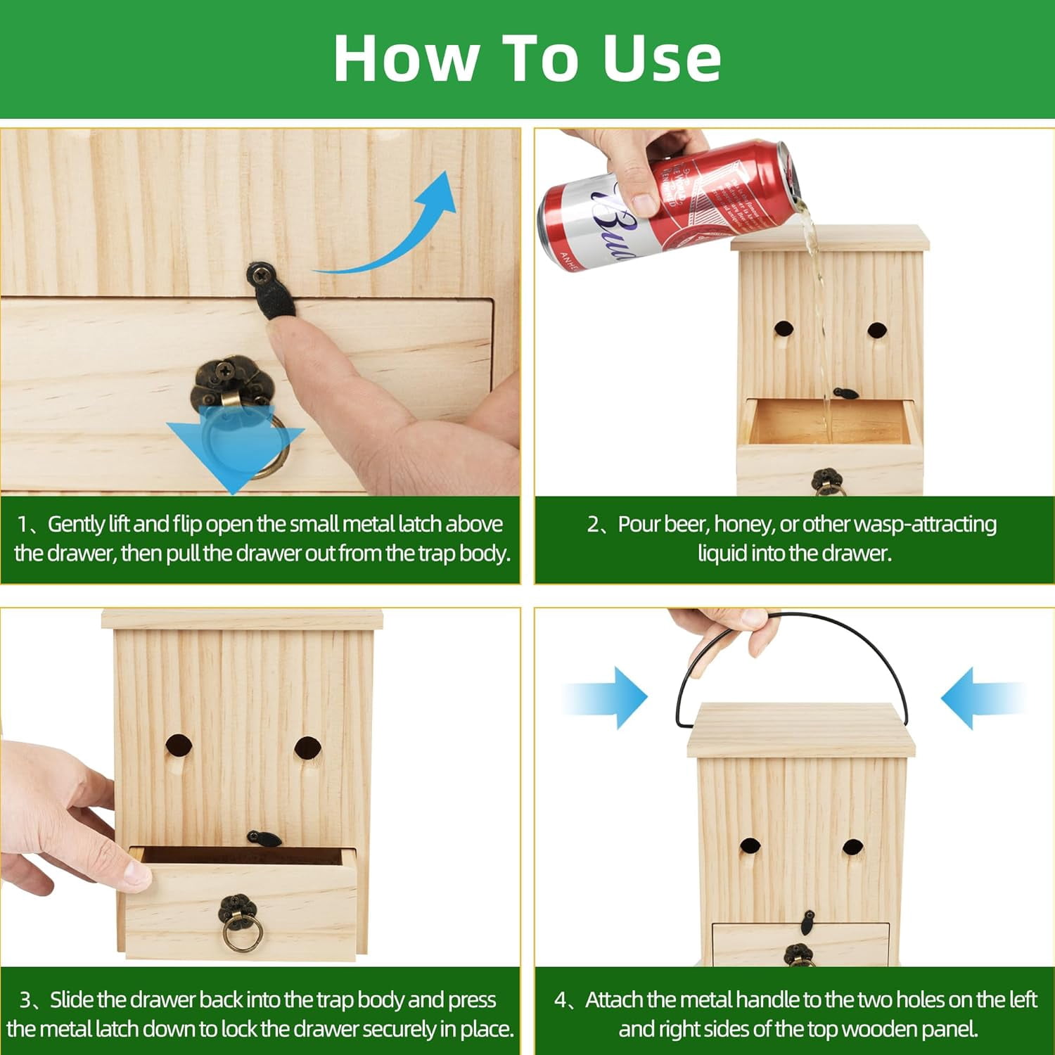 HZMSYQ 2 PCS Carpenter Bee Trap for Outside,Cabin Style Natural Hanging Wood Carpenter Bee Traps Outdoor, Best Bee Trap for House Protection Insect Traps with Removable Collection Vault