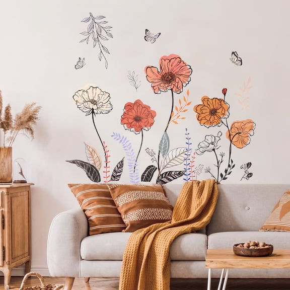 Jimin Boho Flower Wall Stickers, Wildflower Floral Grass Peel and Stick, Wall Art Decals for Living Room Bedroom TV Wall