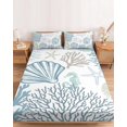 thumbnail image 2 of Full Size Fitted Sheet Set - Light Blue Teal Coastal 3 Piece Bedding Sets 16" Deep Pocket Fitted Sheet with 2 Pillowcases Summer Beach Coral Shell Ocean Brushed Microfiber Hotel Luxury Bed Sheets, 2 of 9