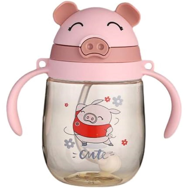 Water Bottle Double Handle Plastic Straw Cup 350ml with Adjustable Strap for Children Kids Pink