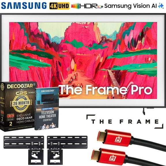 Samsung QN65LS03FW 65 inch The Frame Pro 4K Neo QLED Mini LED Smart TV (2025) Bundle with CPS Exclusive 26 Month Protection, 2X HDMI Cables & Deco Gear Complete Home Theater Beginner's Guidebook