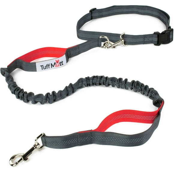 Tuff Mutt Hands Free Dog Leash for Running, Walking, Hiking, Durable Dual-Handle Bungee Leash is 4 Feet Long with Reflective Stitching, and an Adjustable Waist Belt That Fits up to 42 Inch Waist