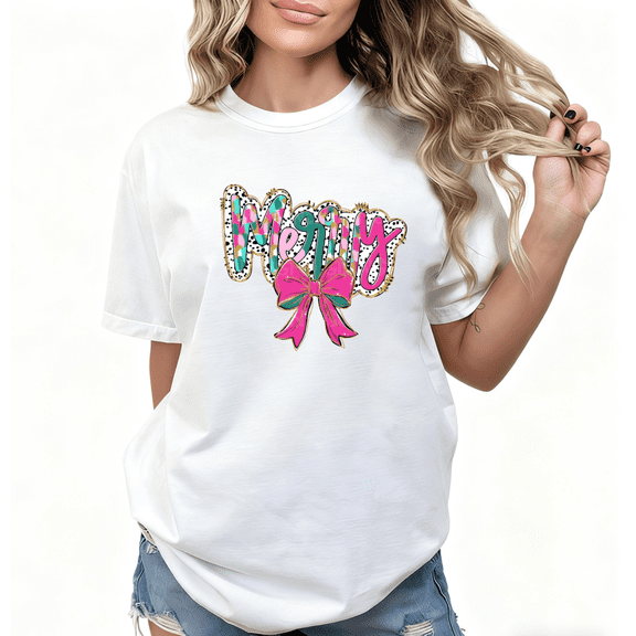Women's White Christmas Print Tshirt Graphic Tees Shirts Merry Pink Bow Polka Dot Leopard Festive Tops S-5XL