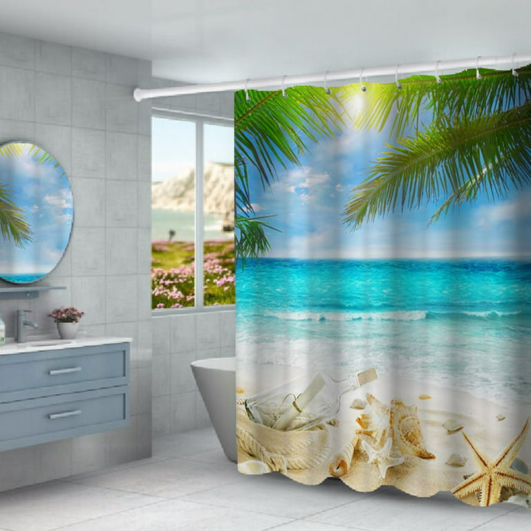 JOOCAR 72x72 Inch Tropical Sunset Landscape Shower Curtains Summer Sea Level  Coconut Tree Blossom Floral Bathtub Decor Cloth Waterproof Machine Washable Shower  Curtain Sets with 12 Hooks 
