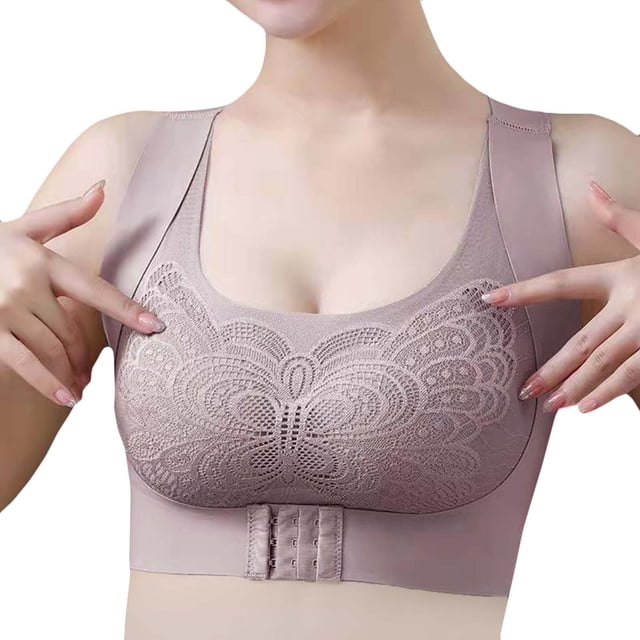 Kyusrd Front Open Bras For Women Non-Steel Ring Traceless Lace Pattern Gathering Cross Front Buckle Beauty Back Underwear Extended Straps Seamless Push Up Wireless Shock-Absorbing Yoga Sports Bra
