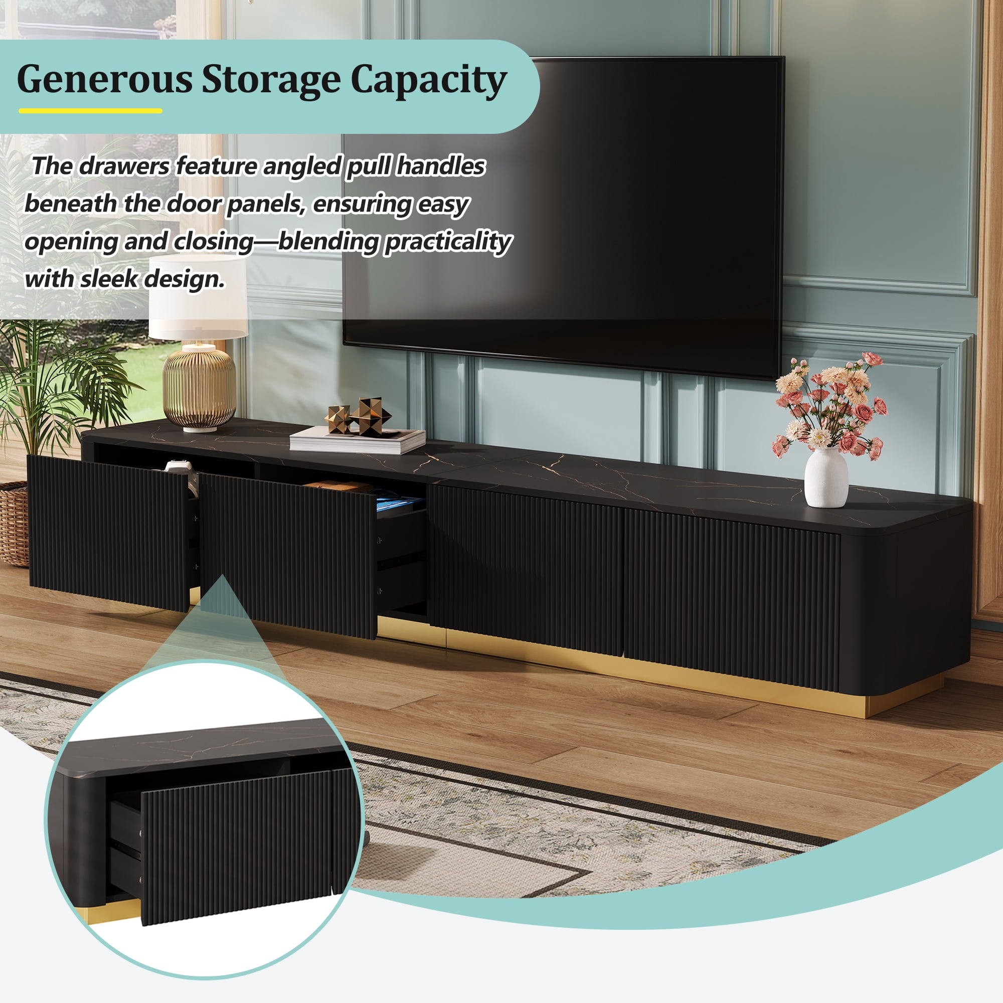 Harper & Bright Designs Fluted TV Stand for 85 inch TV with Gold Base, Modern Media Console with 4 Drawers, Entertainment Center with Curved Profile Design for Living room, Black