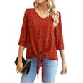 thumbnail image 3 of Uvplove Chiffon Blouses for Women V Neck Tie Front 3/4 Sleeve Tops Business Casual Office Work Loose Top Shirts,Flower_Wine_Red,S, 3 of 12