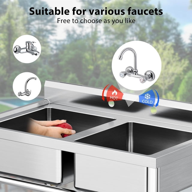 GloryStar Commercial Double Bowl Kitchen Sink 36x21 Inch Stainless Steel Utility Sink with Backsplash, Rust Resistant & Leak Proof, Easy to Assemble for Laundry Room/Garage/Shop