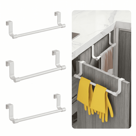 MoHern 3 Pcs Classic White Over Cabinet Towel Bar, 9.06 Inch No Drilling Door Back Hanging Rack, Multi-Purpose Kitchen Rag Holder Space Saving Storage Organizer