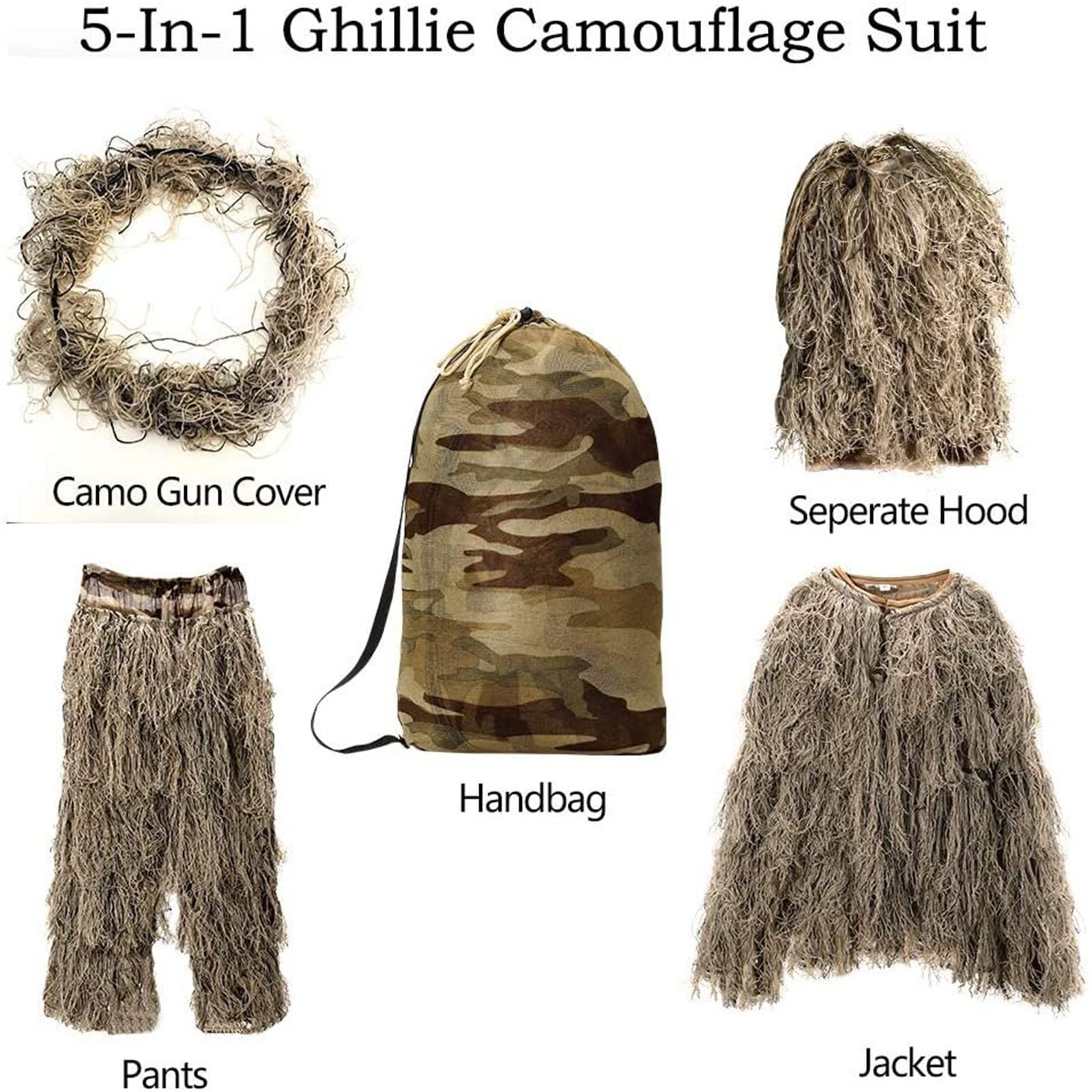 Lwlmwt 5 in 1 Ghillie Suit,3D Camouflage Hunting Apparel w/Jacket,Pants, Hood,Carry Bag,S/M/L/XL/XXL,for Unisex Adults/Youth