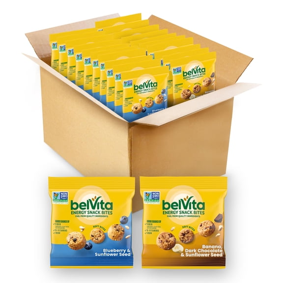 belVita Energy Snack Bites VTF5 Variety Pack, Banana Dark Chocolate & Sunflower Seed, Blueberry & Sunflower Seed, 15 Snack Packs
