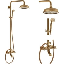 Antique Brass Exposed Shower Faucet Set 8 Inch Rainfall Head Handheld Spray Tub Spout Triple Functions Wall Mount Shower Fixture 2 Cross Handle Bathroom