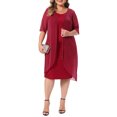 thumbnail image 2 of Agnes Orinda Women's Plus Size Cocktail Dresses Sequin Mesh Cape Overlay Crew Neck Wedding Guest Foral Midi Pencil Bodycon Dress 1X Red, 2 of 6
