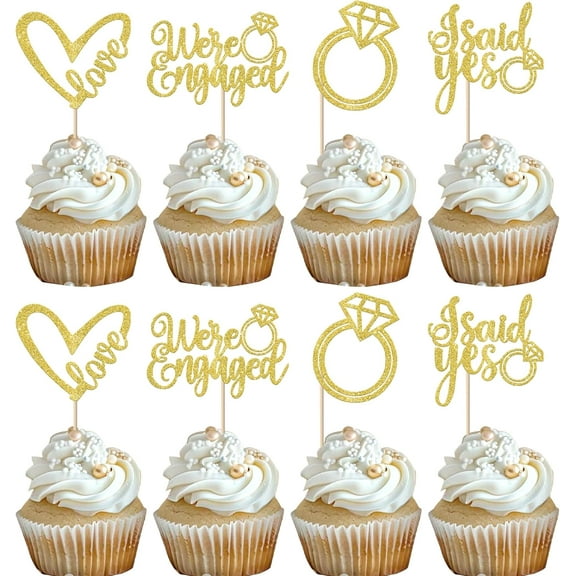 10pcs We're Engaged Cupcake Toppers Diamond Ring Glitter Sweet Heart Love She Said Yes Cupcake Picks for Wedding Engagement Bridal Shower Theme Party Cake Decorations Supplies Gold