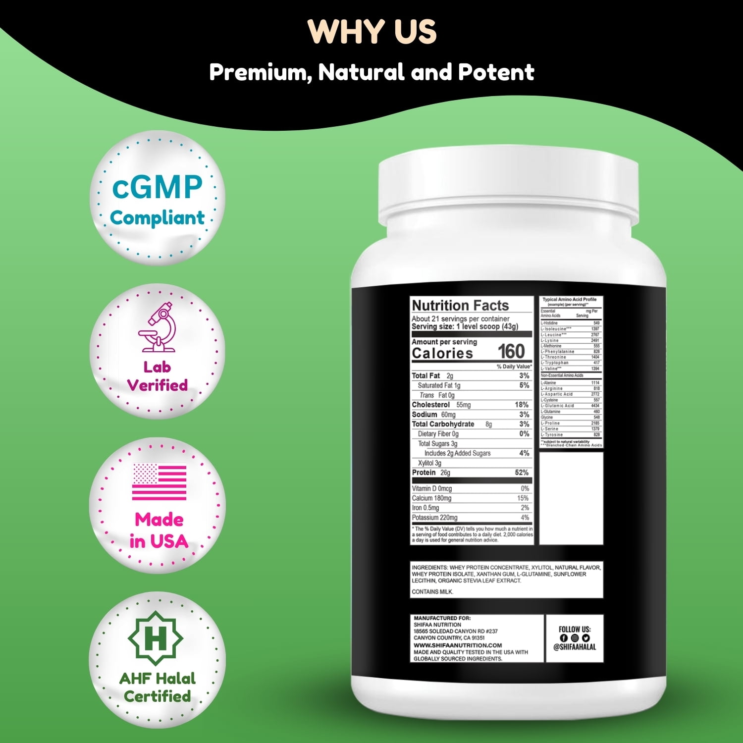 Delicious Creamy Vanilla Halal Whey Protein Powder 2Lbs | 26g Protein, 5500mg BCAAs, and 460mg Glutamine | for Recovery & Lean Muscles | Gluten-Free | Non-GMO | Keto-Friendly | by SHIFAA NUTRITION