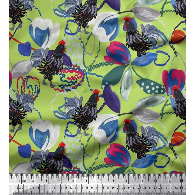 Soimoi Silk Fabric Floral & Cock Watercolor Decor Fabric Printed Yard 42 Inch Wide