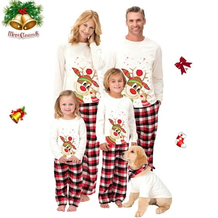 

Christmas Family Pajamas Matching Sets Long Sleeve Deer Family Print Tops + Plaid Pants Set Home Xmas Family Sleepwear Set