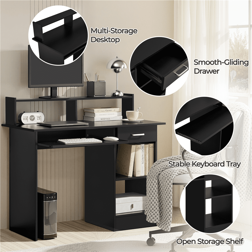 Yaheetech Home Office Computer Desk Laptop Table with Drawers Storage Shelf Keyboard Tray Black