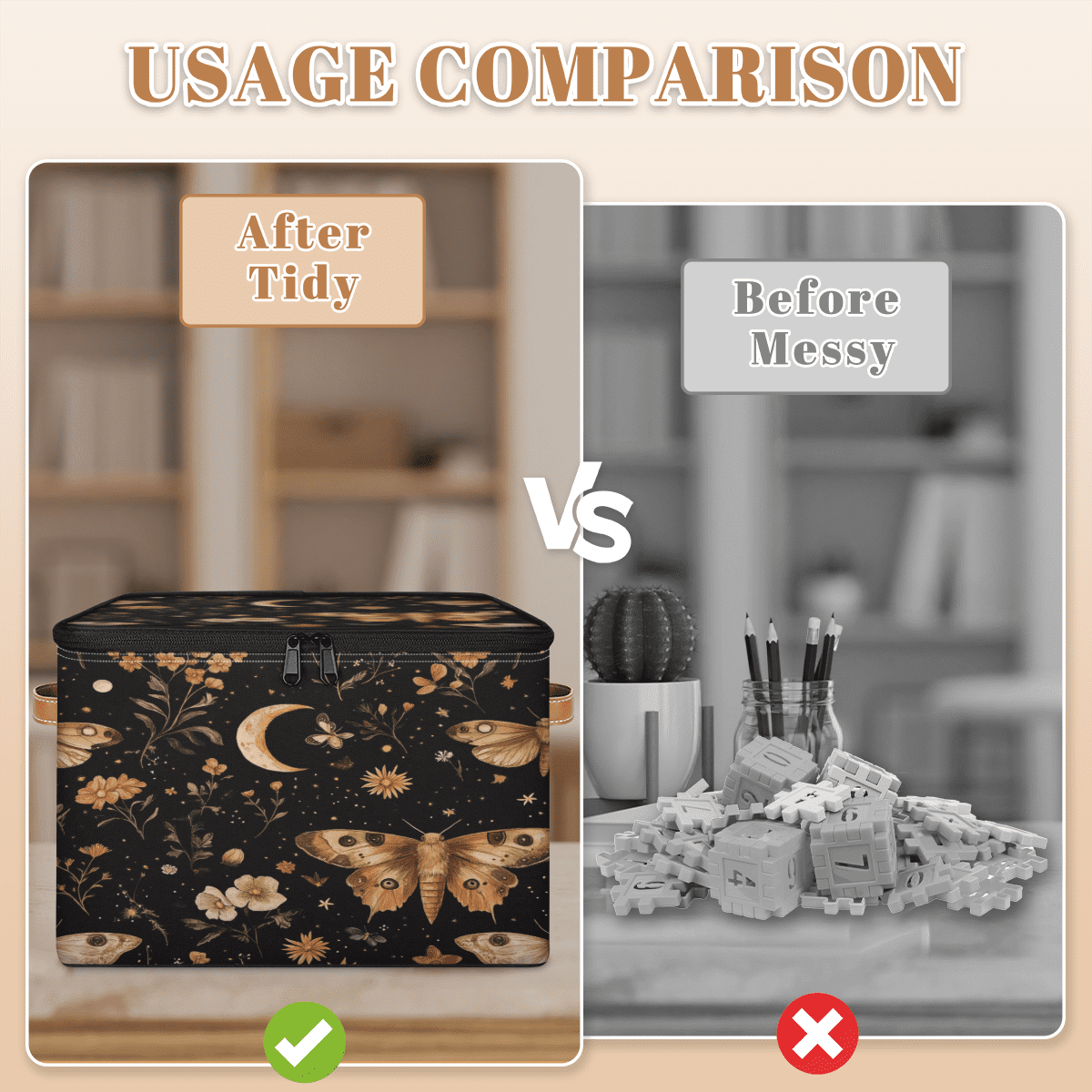 ADECORIVY Butterfly Storage Bin with Lid Fabric Moth Floral Moon Foldable Storage Baskets Boxes for Clothes Shelves Closet Organizer Containers with Leather Handles for Wardrobe