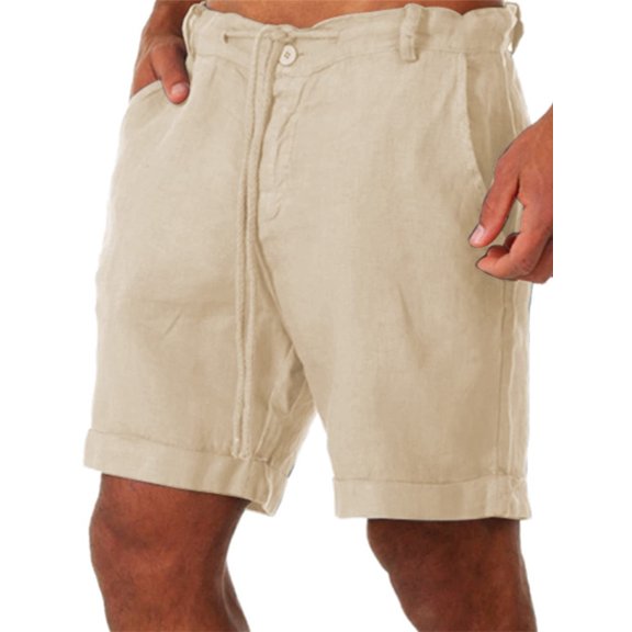 Dellytop Men's Linen Solid Color Shorts Casual Straight Pants Beige XL