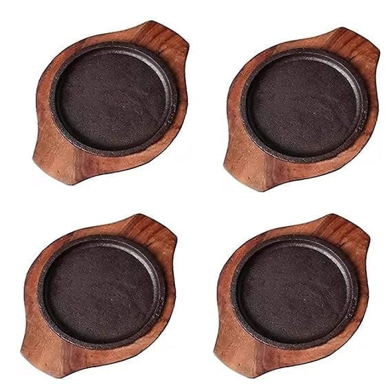 Cast Iron 5-inch Round Pre-Seasoned with Wooden Base Sizzler Plate Set, 4 pcs
