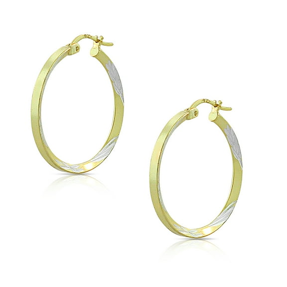 Sterling Silver Two-Tone Floral Design Round Hoop Earrings, 0.95"