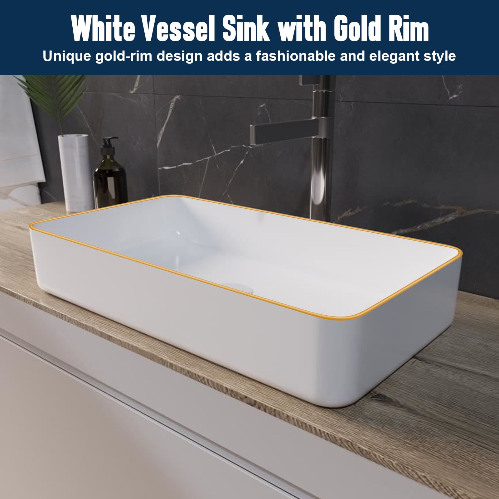 Bathroom Sink Rectangular 24"x 14"Bathroom Wash Basin With Gold Rim Design Art Basin Vanity Sink