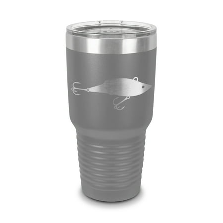 

Fishing Lure Tumbler 30 oz - Laser Engraved w/ Clear Lid - Stainless Steel - Vacuum Insulated - Double Walled - Travel Mug - bass gone fishing fish reel outdoors - Gray