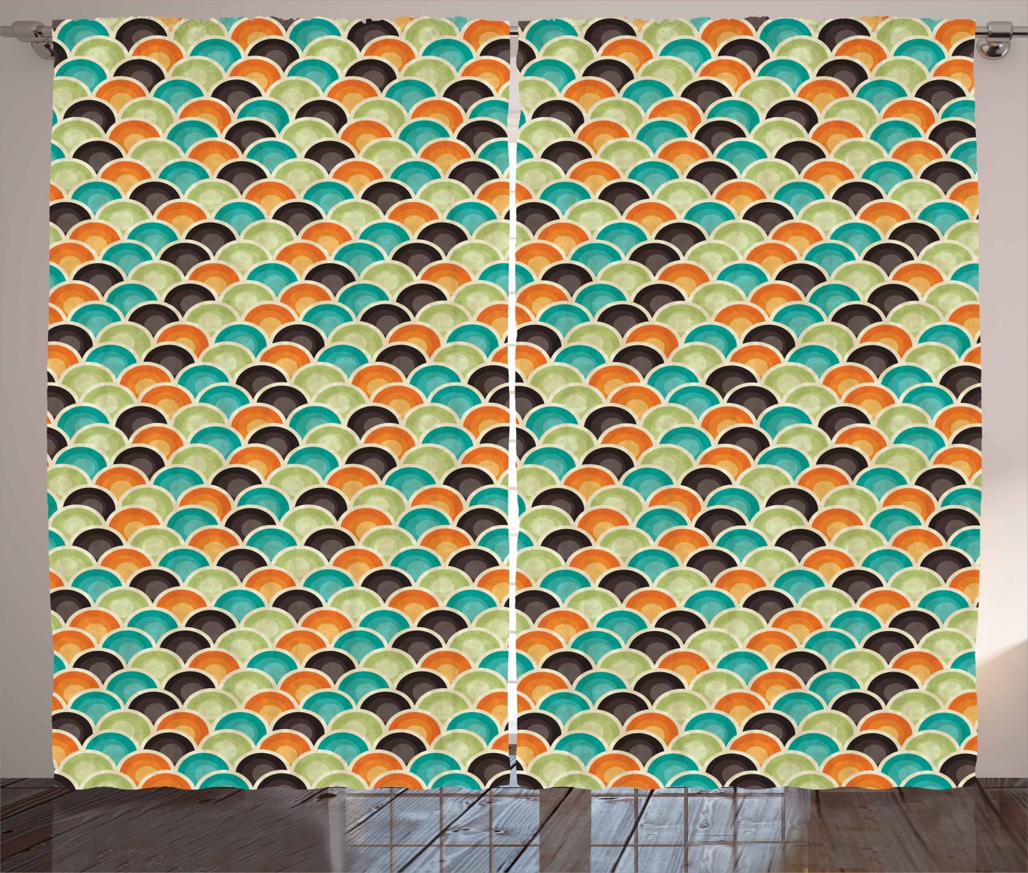 Geometric Curtains 2 Panels Set, Funky Disc Shaped Repeating Half