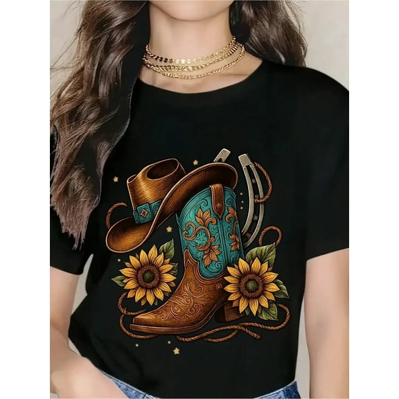 Western Cowboy Boot Hat And Sunflower T-Shirt For Women - Country Western Style Graphic Tee With Horseshoe And Floral Design, Perfect For Cowgirl Fashion, Rodeo Events, And