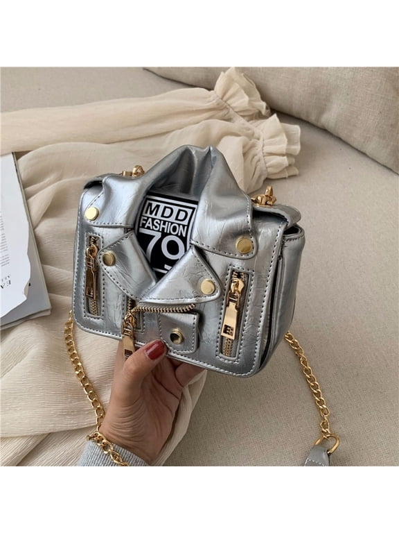 Sporty Motorcycle Jacket Handbag - Silver