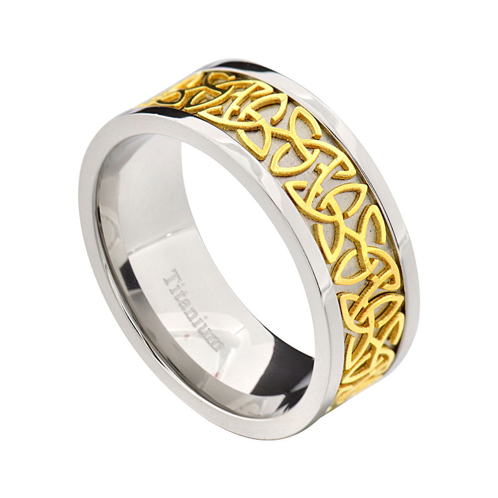 9mm Titanium Ring Men Wedding Band Yellow Gold IP Celtic Design Over Rose 