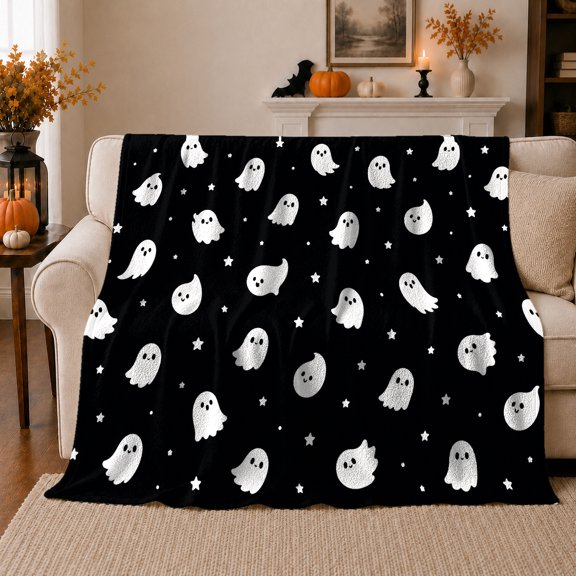 Tiny Floating Ghosts With Scattered Stars And Dots, Soft Flannel Blanket with Minimal draped fantasy figure Cartoon Print, Housewarming Gift and Home Decor for Bedroom and Living Room