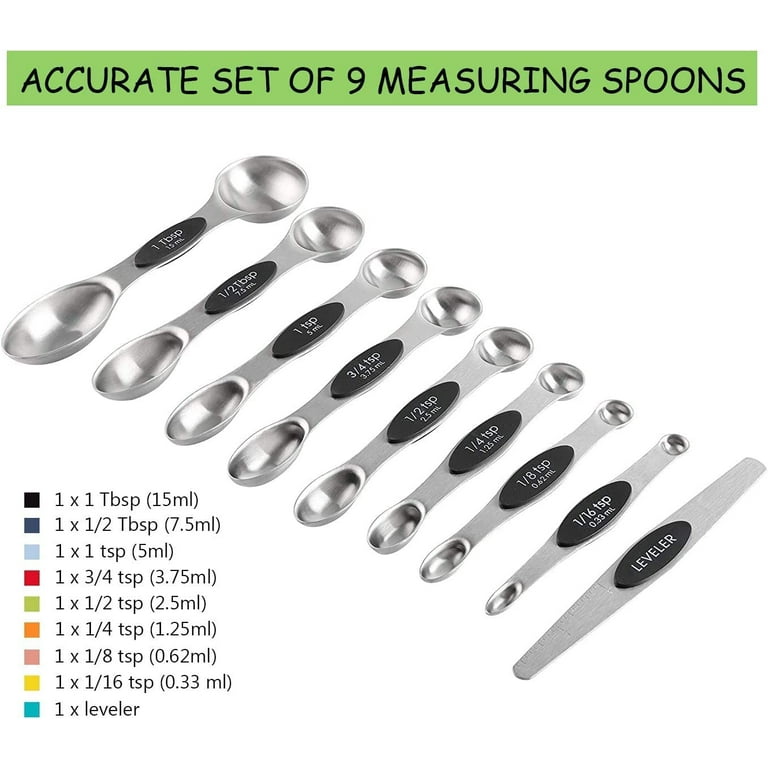 Magnetic Measuring Spoons 9 Piece Set, Stainless Steel Metal with Leveler,  Dual Sided Nesting Design, Metric and US Fits in Spice Jars, Precise Teaspoon  Measurements, Baking and Cooking Supplies Black