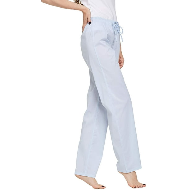 Women's 100% Cotton Woven Poplin Sleep Pajama Pants, Blue White