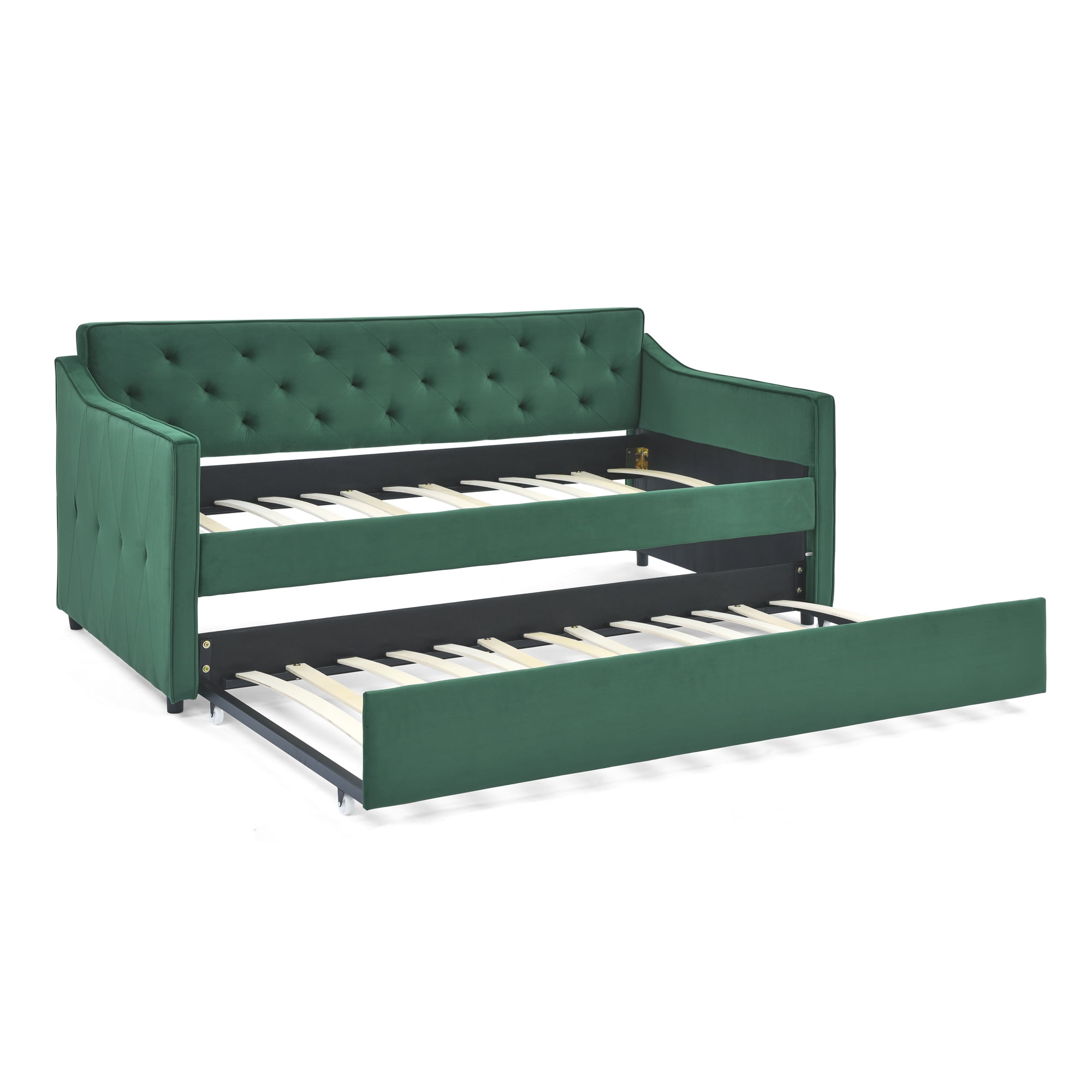 Aukfa Twin Daybed with Trundle, Upholstered Daybed with Tufted Back - Green