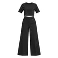thumbnail image 4 of BRELIL Women Two Piece Set Round Neck Short Sleeve Crop Top Wide Leg Pants Casual Solid Basic Lounge Outfits Vacation Travel Summer Matching Set, Black M, 4 of 8