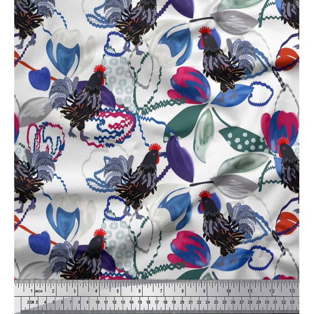 Soimoi Poly Georgette Fabric Floral & Cock Watercolor Printed Craft Fabric by The Yard 52 Inch Wide