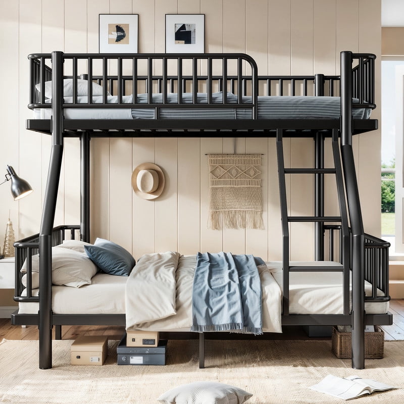 Twin-over-Full Teens Bunk Bed Can Transformed into 2 Platform Beds, Metal Kids Bed Frame with Round-Pipe, Ladder & Guardrails